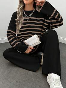 2pcs Women Casual Everyday Loose Drop Shoulder Striped Pullover Sweater And Straight Knit Pants Set - Black - View 4