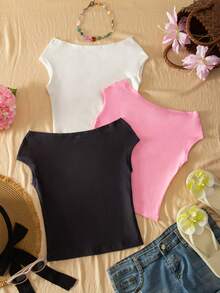 3pcs/Set Girls' Vacation Off Shoulder Snug Fit Multicolor T-Shirts - Multicolor - View 2