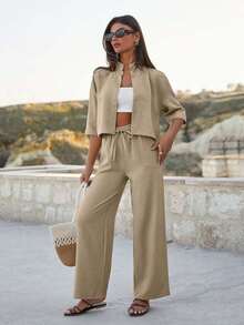 EURMUSE Bộ áo crop top và quần cạp cao cho nữ - Màu be - Xem 3