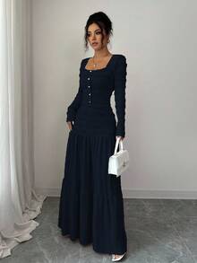 Selianne 女式粉色纹理面料休闲度假风格长袖方领纽扣上衣，带拼接设计和喇叭裙两件套，秋季 - 藏蓝色 - 查看 4