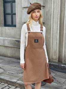 Teen Girl Corduroy Loose Sleeveless Solid Color Pinafore Dress + White Undershirt - Multicolor - View 1