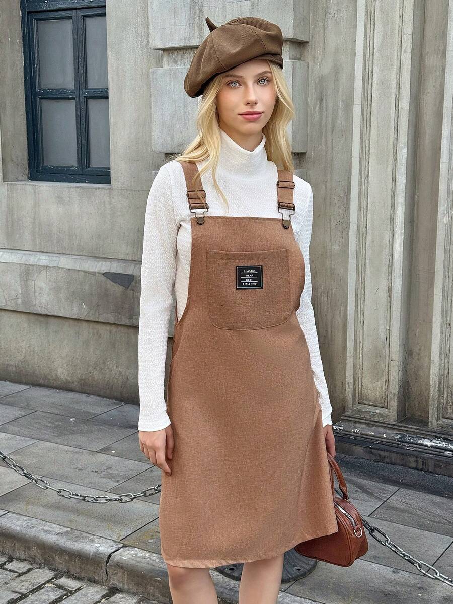 Teen Girl Corduroy Loose Sleeveless Solid Color Pinafore Dress + White Undershirt - Multicolor - View 1