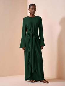 Zivah 2025夏初秋新款，适合生日派对，毕业季，日常出游，百搭，休闲度假，邮轮旅行，沙滩海边沐浴阳光，网络爆款，休闲优雅，通勤派对，圆领，长袖，喇叭袖口，腰带设计，修身超长连衣裙，女士棕色长裙-A - 橄欖綠 - 查看 3