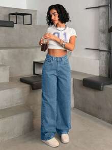 EURMUSE HIGH WAIST CASUAL STYLE DENIM STRAIGHT - Light Wash - View 5
