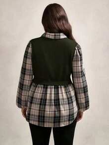 Zelara Áo sơ mi tay dài cổ đứng kẻ caro dáng rộng tay dài họa tiết tương phản cỡ lớn, trang phục công sở cho nữ, hai mảnh trong một, có nút trang trí - Màu xanh lá cây đậm - Xem 2