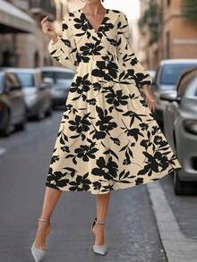 SHEIN Clasi 复古杏色印花女式长裙，适合日常穿着 - 彩色 - 查看 3