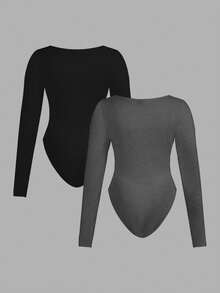 SHEIN Essnce 大码女式时尚休闲通勤商务休闲年轻商务职业内衣两件套，黑色、酒红色、锚红色多件套紧身包臀方领长袖连体衣 - 深灰色 - 查看 2