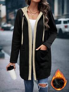 EMERY ROSE 女式休闲时尚街头拼接口袋抽绳连帽保暖内衬保暖夹克，秋冬 - 杏色 - 查看 3