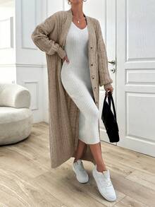 EURMUSE Women's Casual Daily Solid Color Simple Cable Knit Button Front Long Cardigan, Autumn/Winter - Beige - View 3