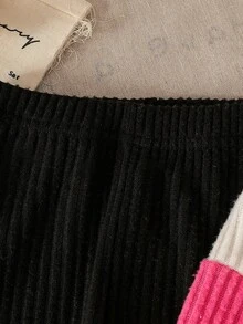 Elladie kids 2 件套年轻女孩拼色条纹针织圆领长袖 T 恤和紧身裤，休闲运动装，春秋季 - 彩色 - 查看 5