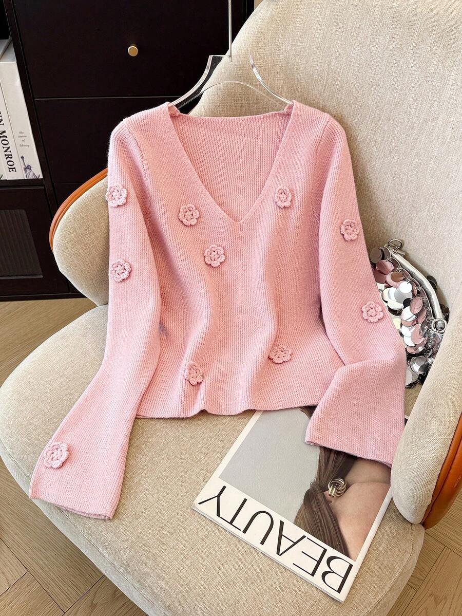 SHEIN Franclia French Handmade 3D Floral Knit Sweater - Pink - View 1