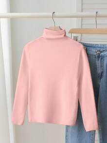 SHEIN Vintaside Kids 少女休闲纯色高领毛衣，高领女童抓绒高领毛衣，适合4岁女孩，可爱纯色冬季圣诞节万圣节毛衣，秋季套头衫 - 粉色 - 查看 2