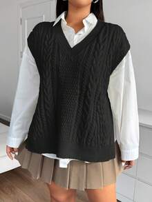 Vibekara 大码女式休闲 V 领无袖宽松套头毛衣背心，纯色，百搭，适合日常穿着，秋冬 - 黑色 - 查看 4