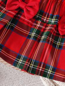 2pcs/Set Baby Girls' Ruffle Long Sleeve Top Bow Red Plaid Skirt Set, Autumn Cute Modest Fashionable Casual School Style Matching Family Outfit - Red - View 3