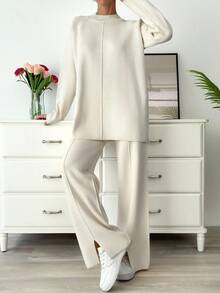 EURMUSE Women's Solid Color Stand Collar Raglan Sleeve Sweater And Knitted Relaxed Fit Pants Set, Fall Winter - Beige - View 4