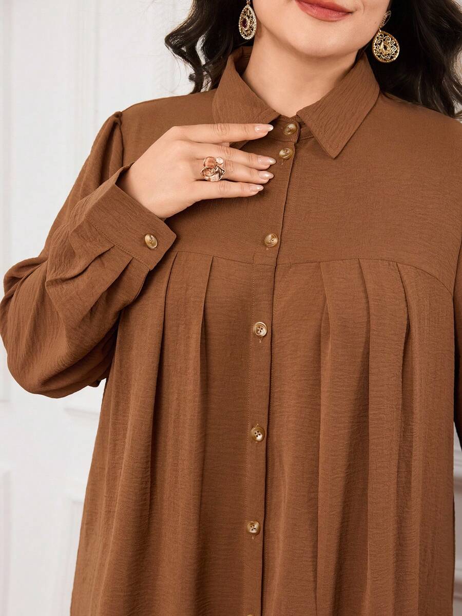 Veilorie Plus Size Women's Casual Solid Color Front Button Long Sleeve Top And Pants Arabic Style Set, Autumn - Brown - View 1