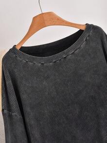CosyJoli Plus Size Casual Contrast Striped Patchwork Washed Round Neck Long Sleeve T-Shirt Spring Casual Mother's Day Fall - Black - View 6