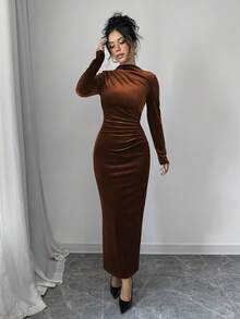 Elenzga Women Elegant Velvet Asymmetric Ruffle Split Hem Dress Burgundy Maxi Women Outfit - Coffee Brown - View 4