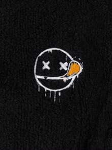 SHEIN Cottnline Men's Cartoon Smiling Face Embroidery Drawstring Hooded Fleece Sweatshirt, Autumn/Winter - Black - View 4
