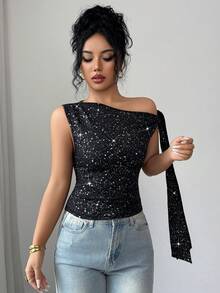 Selianne 女士黑色金属面料高档设计不对称肩部无袖单侧系带修身上衣，优雅时尚，适合生日、约会、派对、音乐节、舞会、独立日、网络星期一、万圣节、光棍节、返校派对、平安夜、感恩节、圣诞节、排灯节、秋季等场合。 - 黑色 - 查看 6