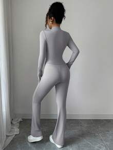 INAWLY Women's Tight-Fitting Zip-Up Cropped Top With Mandarin Collar And Flared Pants 2 Pieces Set - Light Grey - View 2