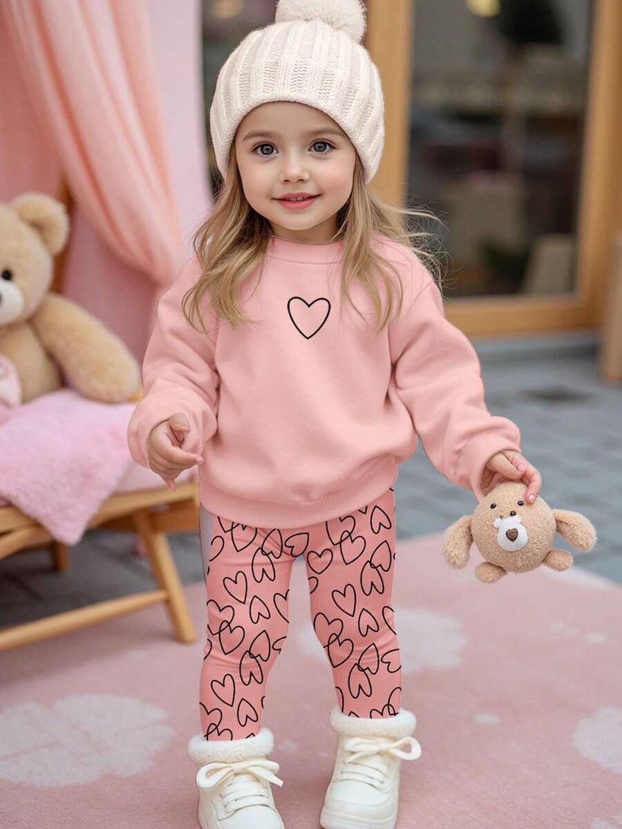 SHEIN Happikins 柔雾粉色，可爱爱心印花，女婴休闲简约柔软加厚舒适圆领长袖卫衣和打底裤套装，适合秋冬季日常穿着、居家、舒适季节、秋冬季外出穿搭，轻松舒适，秋冬季女婴叠穿，时尚女婴，休闲装，女婴图案服装，秋冬服装，圣诞节服装，别致秋季，秋季新款，返校季，冬季时尚