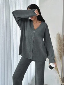 EURMUSE Women's Solid Button Front Cardigan And Wide Leg Knit Pants Set - Dark Grey - View 5