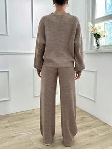 EURMUSE Casual Basic Oversize Balloon Sleeve Sweater & Wide Leg Plain Sweater Pants 2 Piece Set - Beige - View 6