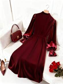 GlowEve Đầm dài tay màu đỏ công sở dáng chữ A cạp nhung thanh lịch, thời trang đi làm hàng ngày, phong cách Pháp, cổ điển, dự tiệc Giáng sinh, năm mới, ngày lễ, thu đông - Màu Đỏ Sâu - Xem 2