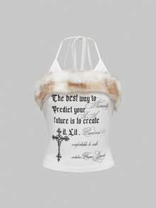 ROMWE Grunge Punk Y2K Retro Sexy Halter 2 In 1 Furry Cross Letter Print Bodycon Mini Skirt Set For Women - White - View 5