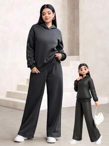 Modelyn Set de 2 piezas Sudadera con capucha y pantalón de chándal de pierna recta con rayas verticales, forrado térmico, elegante y de moda para mujer