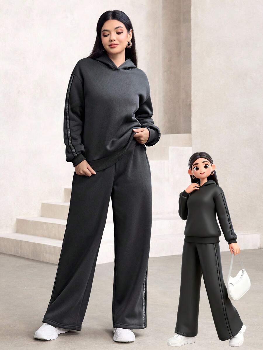 Modelyn Set de 2 piezas Sudadera con capucha y pantalón de chándal de pierna recta con rayas verticales, forrado térmico, elegante y de moda para mujer