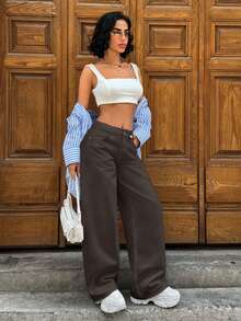 SHEIN Cottnline WOMEN LOOSE LOW WAIST WIDELEG EVERYDAY CASUAL JEAN - Brown - View 6
