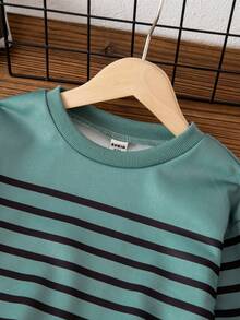 Young Boy Casual Striped Round Neck Drop Shoulder Sweatshirt, Autumn - Mint Green - View 5