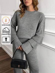 EURMUSE WOMEN Grey Ruffle Sleeve Knit Sweater And High-Waisted Pants Set - Elegant 2 Pieces Outfit With Round Neck And Long Sleeves,Petite Co Ord,Co Ord,Petite,Winter Clothes - Grey - View 1