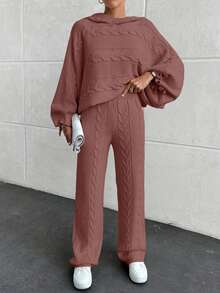 EURMUSE 休闲麻花针织连帽短款毛衣和麻花针织毛衣裤两件套 - 藕粉色 - 查看 5