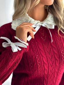 EURMUSE Women Sweater Elegant With Bow Detail - Burgundy - View 5