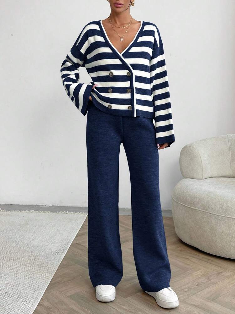 EURMUSE Conjunto de cárdigan y pantalones con cuello en V, botones delanteros y hombros caídos, con estampado a rayas para mujer - Azul Marino - Añade 7