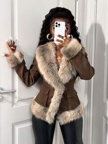 SHEIN BamGlam 女式仿皮草拼布长袖外套，秋冬时尚 - 棕色 - 查看 4