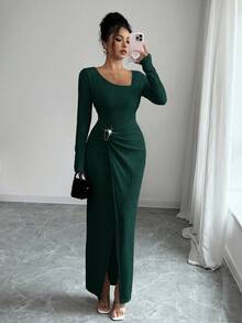 Elenzga Vestido largo de unicolor de moda para mujer, con cuello asimétrico, textura de punto ajustada, diseño retorcido y con abertura, atuendos elegantes para mujer, ropa de mujer para otoño e invierno, ropa modesta para mujer - Verde Oscuro - Ver 4