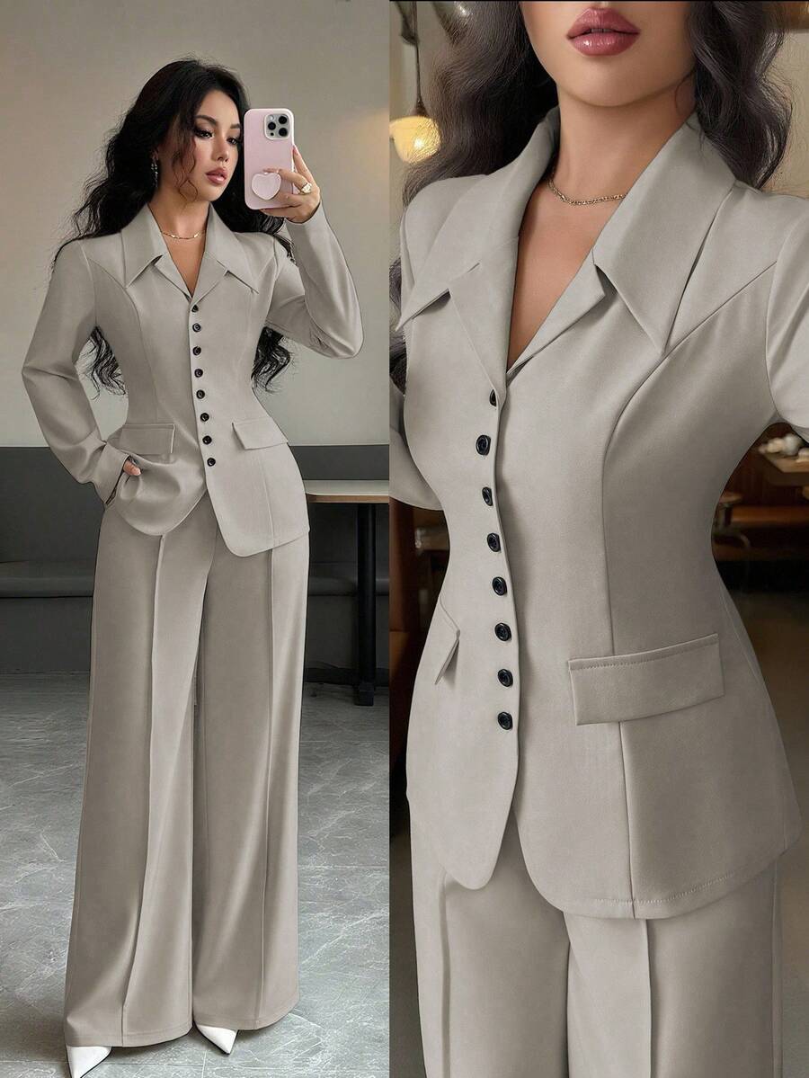 Elenzga Women's Apricot Thick Fabric V-Neck Blazer Design Black Contrast Button Fake Pocket Teacher Uniform Elegant Professional Outfit, Thanksgiving Halloween Atmosphere, Autumn New Arrival Fashion Essential High-End Dignified Long Sleeve Waist Cinched Loose Straight Leg Pants Two Pieces Set - Khaki - View 1