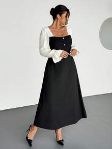 Firerie 大码优雅蕾丝珍珠纽扣装饰休闲连衣裙，适合工作、办公室、通勤、春秋冬 - 黑色 - 查看 6