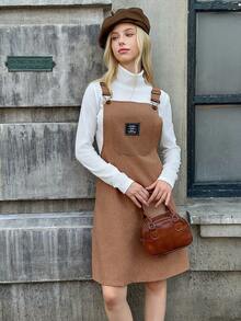 Teen Girl Corduroy Loose Sleeveless Solid Color Pinafore Dress + White Undershirt - Multicolor - View 7