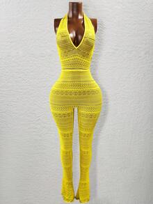 BamGleam Bộ đồ liền thân ren cổ chữ V sâu cho nữ - Màu vàng - Xem 4