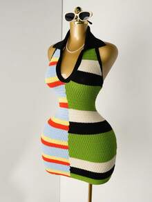 Mistrie Váy dệt kim ngắn không tay cổ bẻ nhiều màu sắc cho nữ - màu đen - Xem 6