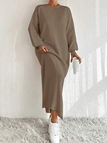 EURMUSE 1pc Drop Shoulder Sweater Dress, Casual Solid Color For Autumn/Winter Daily Wear - Camel - View 7