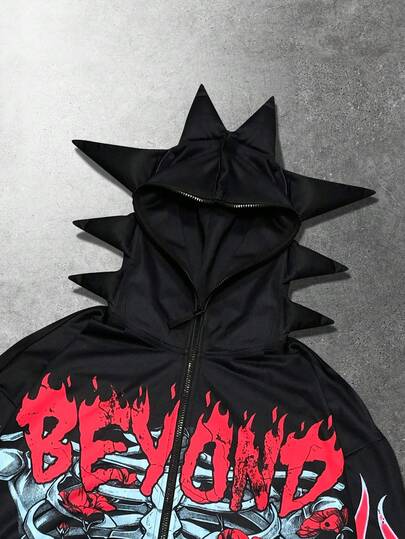 Men's Fashion Antler Decor Skull Print Hoodie Sweatshirt