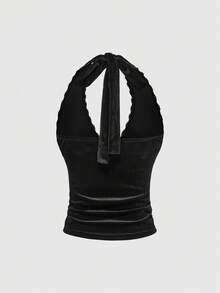ROMWE Goth 哥特式蕾丝和天鹅绒修身背心，绣有眼睛图案，用途广泛 - 黑色 - 查看 2
