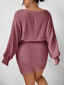 SHEIN Frenchy Plus Size Solid Color Crew Neck Ribbed Elegant Long Sleeve Dress - Burgundy - View 2