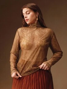 Anewsta Áo ren cỡ lớn dành cho nữ, ôm sát, thanh lịch, đa năng, kiểu áo chui đầu hơi xuyên thấu. - Màu Khaki - Xem 3